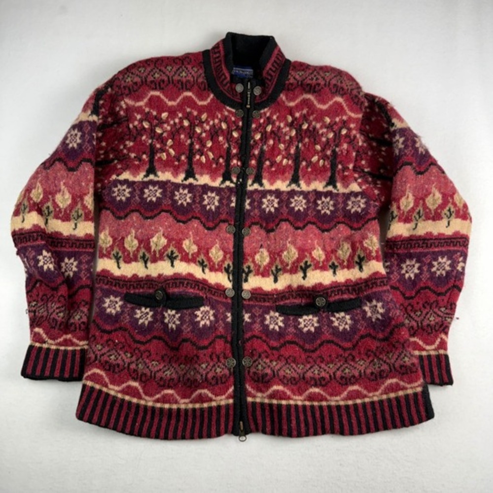 Newton Trading Co Vintage 100% Wool Fair Isle‎ Full Zip Cardigan Red Large